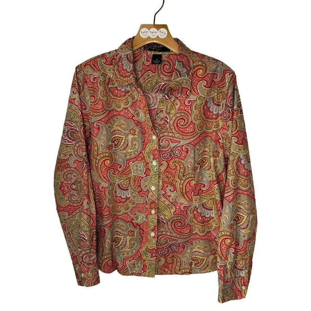 Peck & Peck Button Up Shirt Womens 14 Red Gold Paisley Long Sleeve‎ Blouse Top